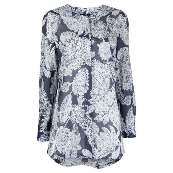 Giorgio Armani Blue Floral Print Tunic Blouse Size 44 XL Long Sleeve Cotton - Picture 5 of 15